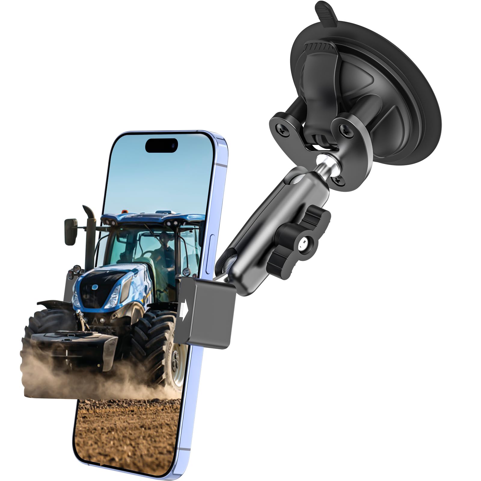 Soporte Movil Tractor, [Potente Ventosa & Brazo Metálico] Soporte Móvil para Tractor Parabrisas, Porta Teléfono Ventosa Coche Compatible con iPhone 17 16 15 14 13 12 11 Pro, Galaxy y Más 4-7"