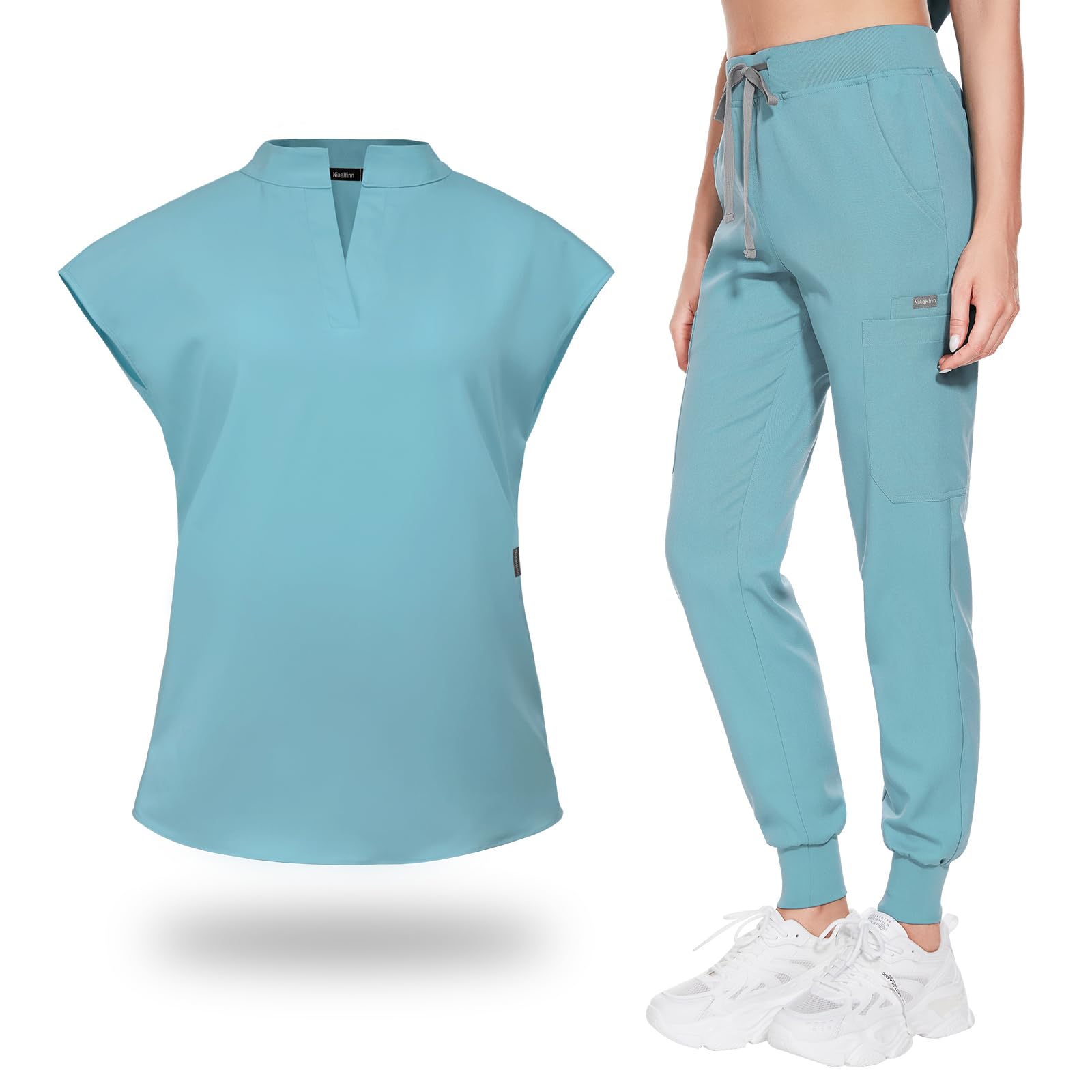 VIAOLI Scrubs for Women Set Uniform with Top & Jogger Pants Clinical Stretch Workwear Uniform (6 Colors) (Sky blue, S)