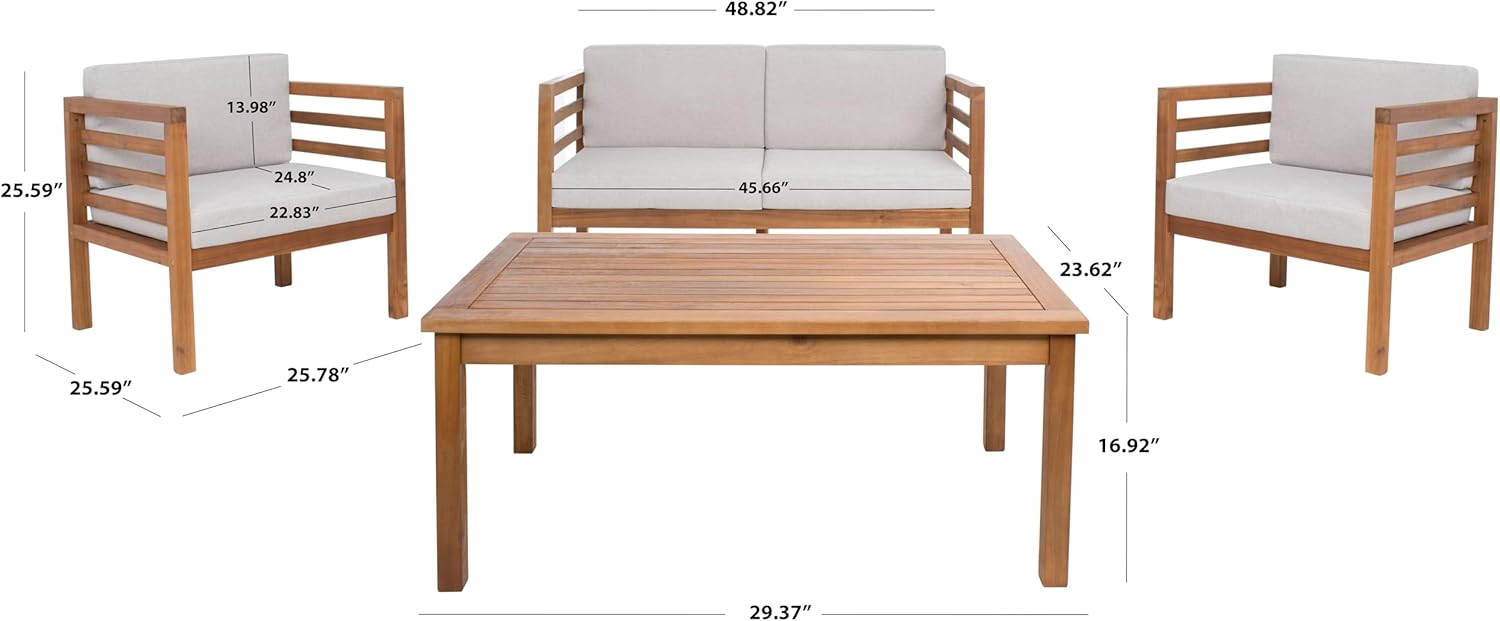 SAFAVIEH Outdoor Collection Kinnell Natural/Light Grey Cushion Solid Wood 4-Piece Conversation Patio Set