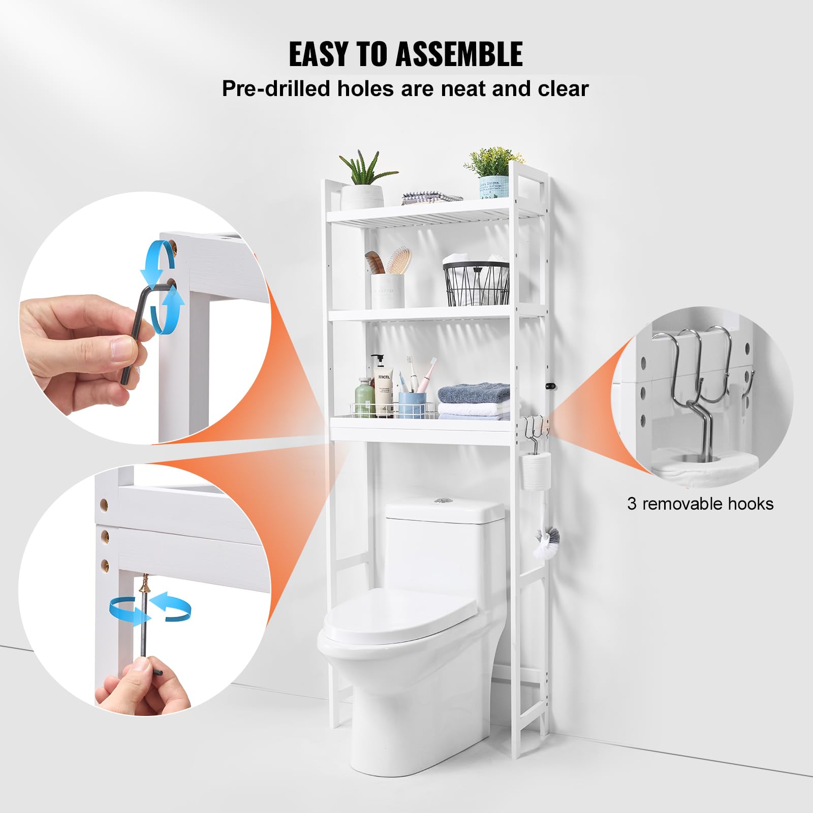 VEVOR Étagère WC, Meuble de Rangement au-Dessus des Toilettes Réglable à 3 Niveaux, Étagère de Salle de Bain avec 3 Crochets, Organisateur pour la Lessive, Convient à la Plupart des Toilettes, Blanc
