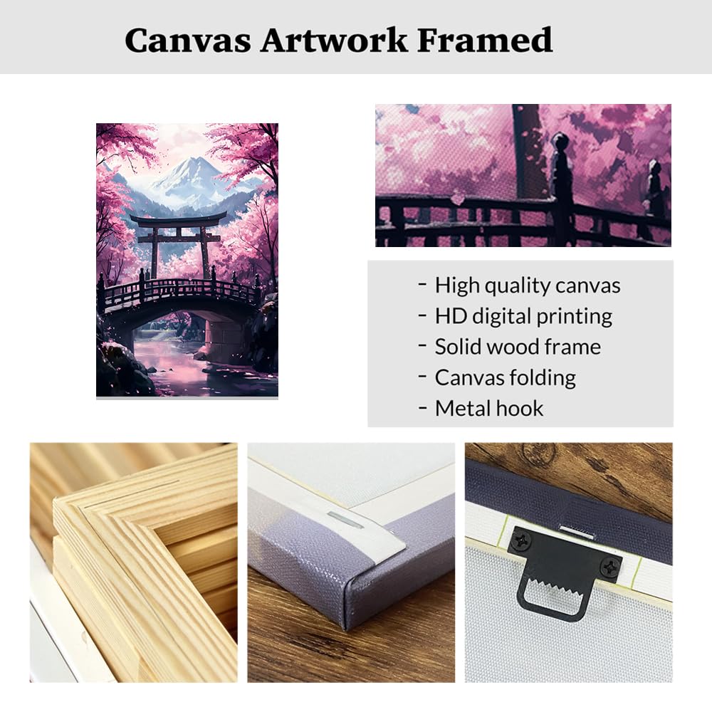 ZXHYWYM Japanese Wall Art Pink Cherry Blossom Pictures for Bedroom Japan Landscape Poster Prints Sakura Canvas Painting Framed Ready to Hang (30 x 45 cms) - Image 5