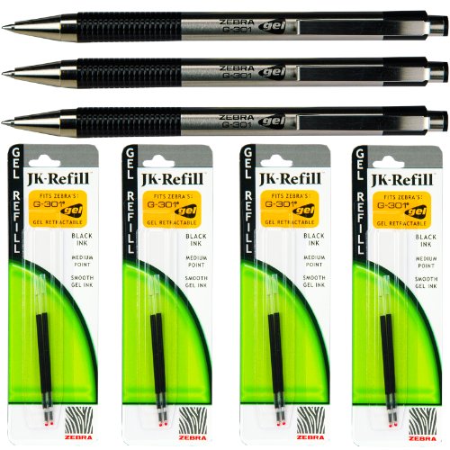 Zebra G301 Gel Pens with Refills, Black Gel Ink, 0.7mm Medium Point, 7-piece Set
