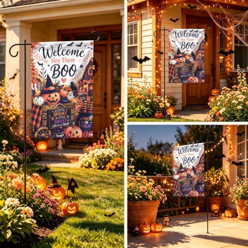 Image of Halloween Garden Flag 12x18 Inch Double Sided Welcome Boo Pumpkin Outdoor Yard Flag Fall Garden Decor