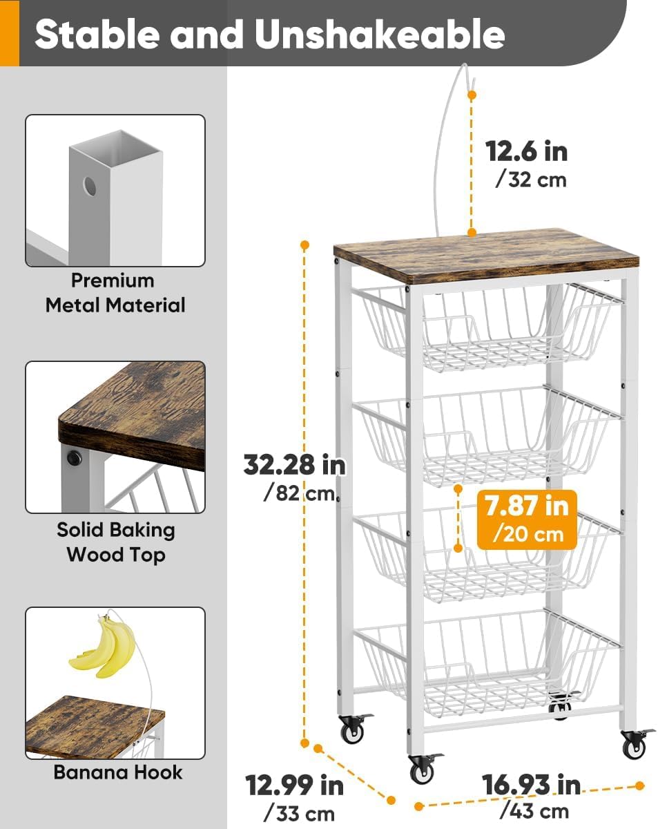Garbuildman Carrello portaoggetti da cucina a 5 ripiani con cestini estraibili, organizer per frutta e verdura con piano in legno e supporto per banane, per dispensa, soggiorno, bagno, bianco