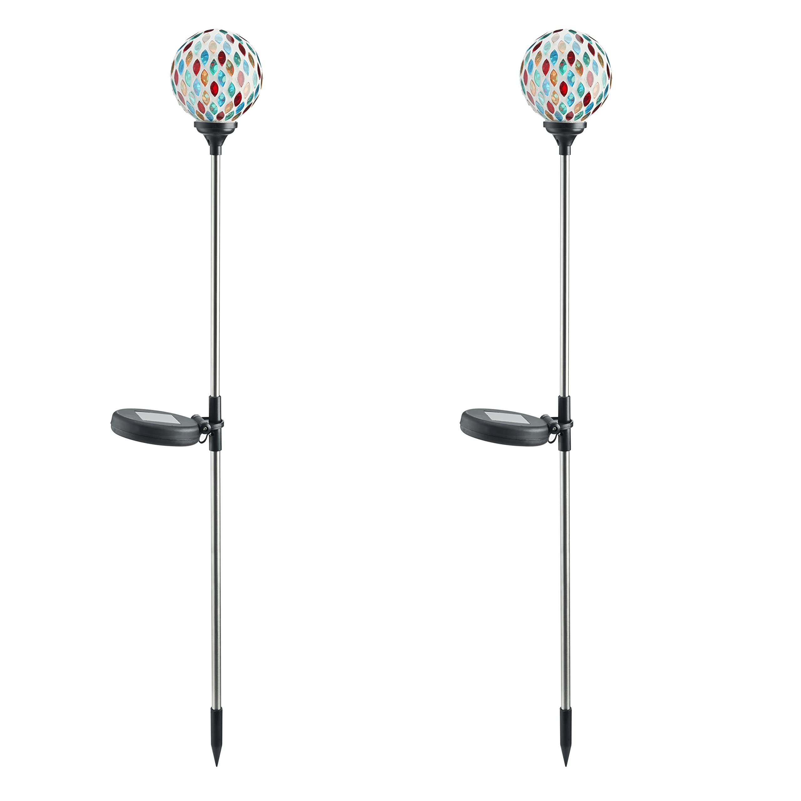 mysmartbuy.com 2 x Solar Mosaic Globe Stake Lights – H75 x 9cm Solar Powered Stainless Steel & Glass Garden Lighting Decoration – Colourful Outdoor Decor for Borders, Pathway, Patios, Balcony, Lawns