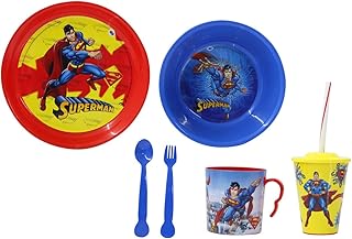 JAMARA Superman 410132 Service de table pour enfant 8 pièces sous licence officielle Passe au lave-vaisselle, assiette, tasse, bol à céréales, fourchette, cuillère, gobelet avec couvercle et paille