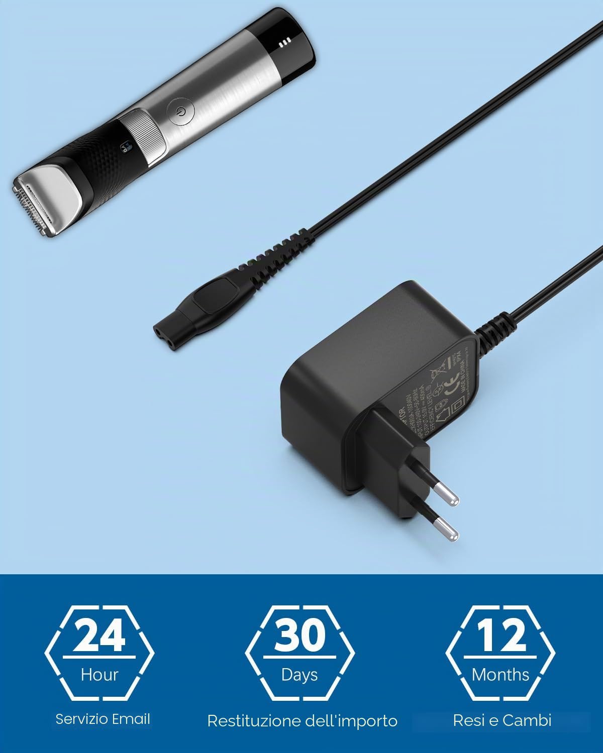 Alimentatore 15V HQ8505 Rasoio Caricabatterie Caricatore Compatibile con Philips Norelco 3000 5000 7000 9000 HQ BT MG BG PT Serie QP6505 QP6551 QP6510 QP6520 QP6530 QP6550 Adattatore Charger