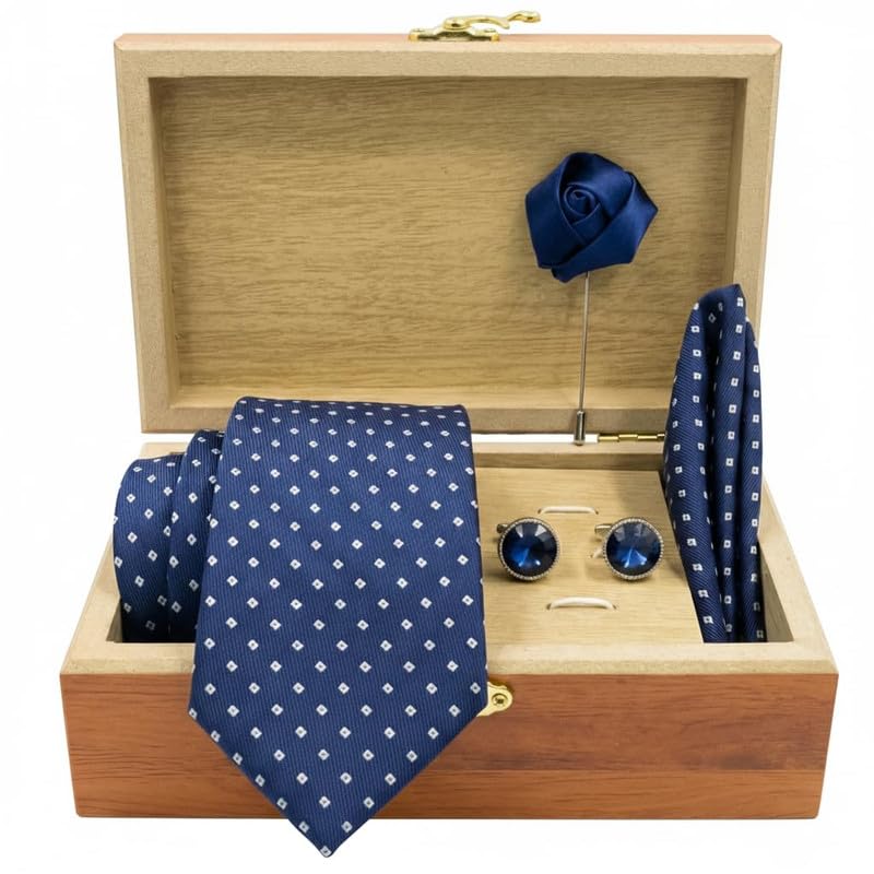 Image of Men's Necktie Gift Set with Wooden Box | Premium Tie, Pocket Square, Cufflinks & Lapel Pin | Elegant Formal Accessories Gift for Men