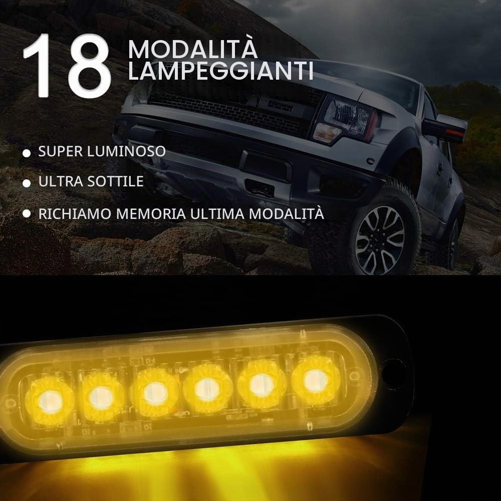 Biutee Luci Stroboscopiche Auto 4pz Ambra, 6 LED 12V-24V | 4 luci stroboscopiche ambra 6 LED, 12V-24V: 18 modalità lampeggio, IP67, per camion, rimorchi, SUV e veicoli da lavoro