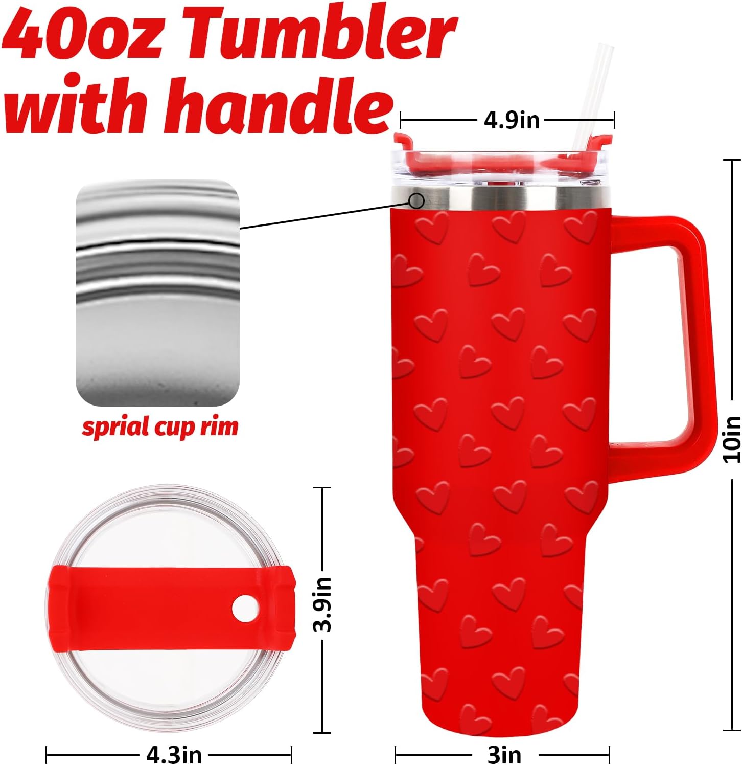 JarThenaAMCS Valentine's Day Tumbler with Lid and Straw 40oz Red 5D Heart Printed Tumbler with Handle Love Heart Stainless Steel Cup for Home Office Travel - Image 2