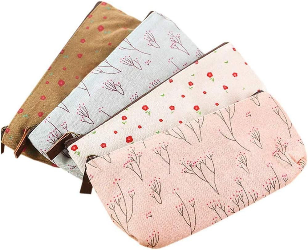 Rolybag Countryside Flower Floral Cosmetic Makeup Bag Cute Floral Flower Canvas Zipper Pencil Pen Cases, Multi-functional lovely Fabric Coin Purse(4 Pcs)