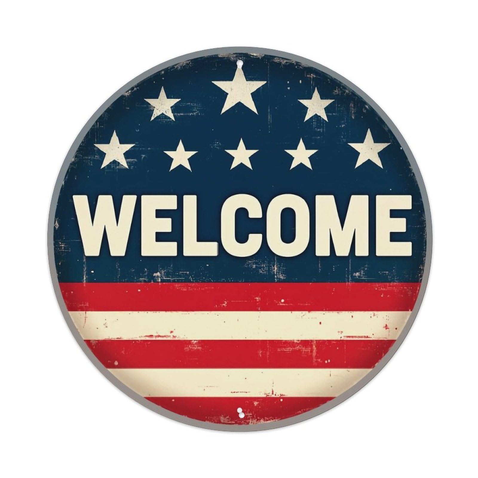 American Flag Design Welcome Sign Vintage Round Tin Sign Retro Metal Wall Decor Metal Poster, Home Bar Garage Farmhouse Cafe Wall Art Decoration 8x8Inch