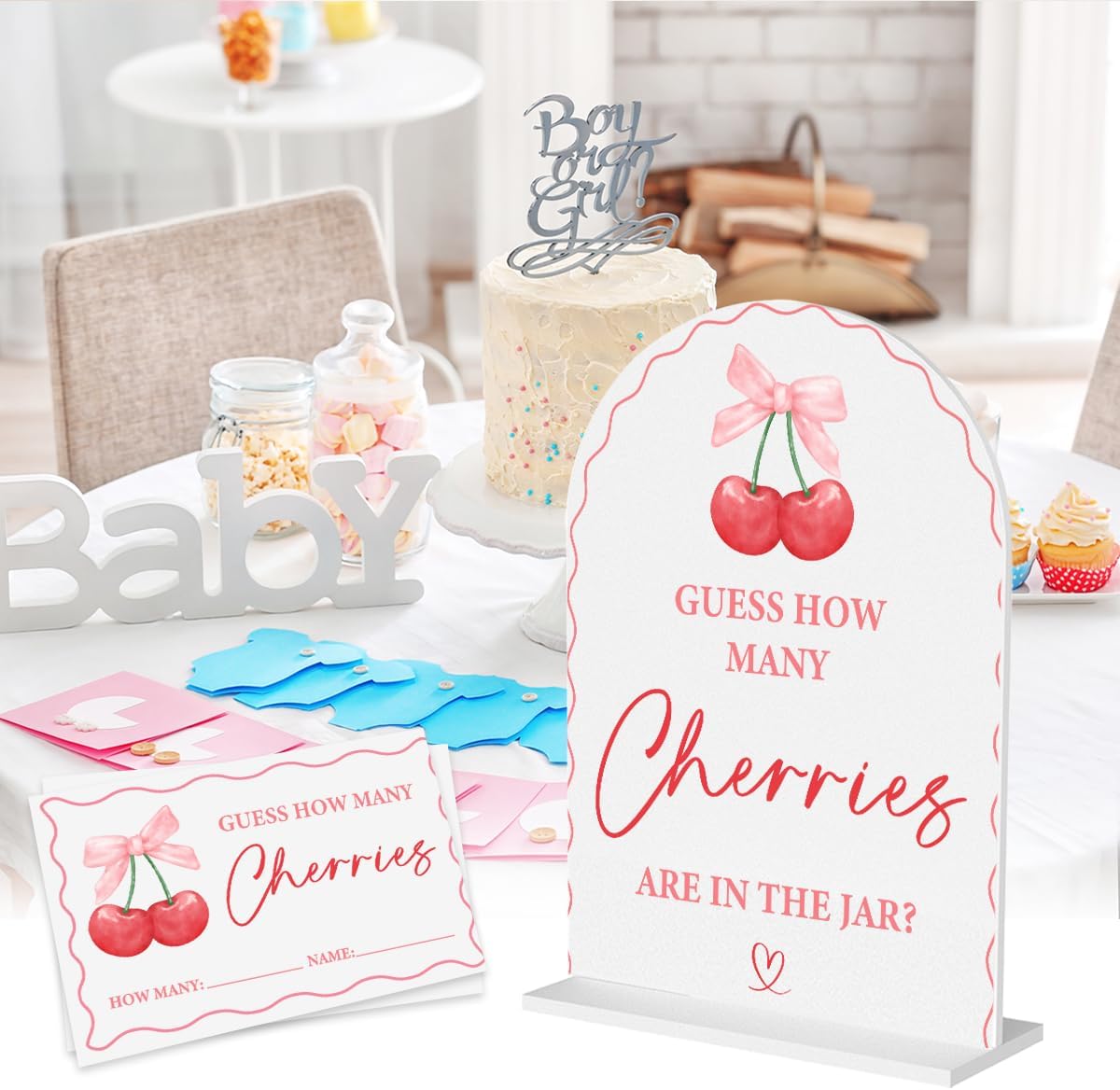 Baby Shower Decorations, Guess How Many Cherry Games, Baby Shower Games 6x8 Inch Arch Acrylic Sign & 50 Cards Baby Shower Game for Guests, Birthday Party image 3