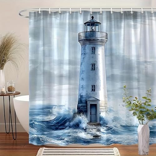 GLKSDLPO 1pc Shower Curtain Featuring a Graphic of Crashing Waves And a Lighthouse, Perfect for Ocean-It Comes with 12 Hooks(152x183cm/60x72in(WxH))
