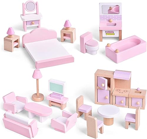 Juego de 22 piezas de muebles de casa de muñecas de madera - Baño, cocina, dormitorio, sala de estar, juego de 4