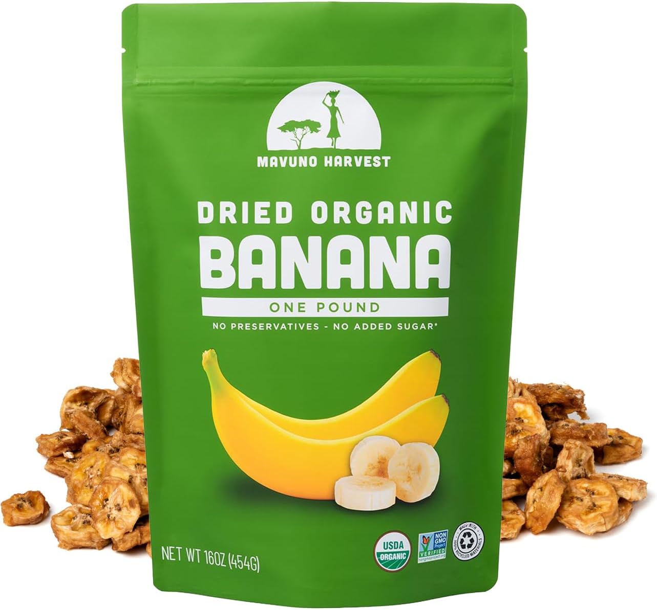 Mavuno Harvest Dried Banana Chips Fruit Snacks | Organic Dried Banana | Healthy Snacks for Kids & Adults | Unsweetened Banana Chips | Gluten Free Snack | Vegan, Non GMO, Direct Trade | 1 Pound Bag