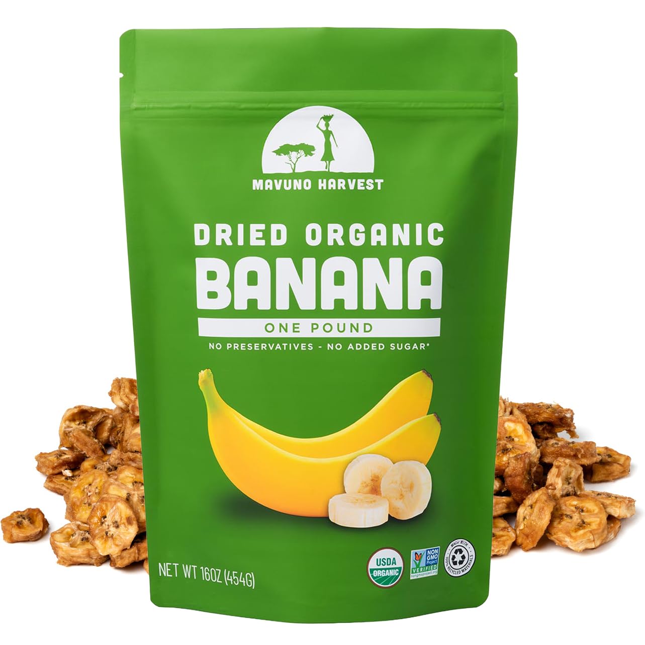 Mavuno Harvest Dried Banana Chips Fruit Snacks | Organic Dried Banana | Healthy Snacks for Kids & Adults | Unsweetened Banana Chips | Gluten Free Snack | Vegan, Non GMO, Direct Trade | 1 Pound Bag