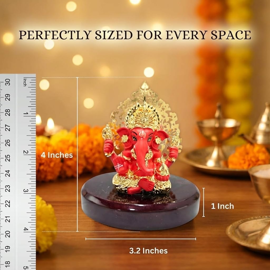 24k Gold Plated Kalpavrikshya Tree Ganesh Idol Ganpati Murti for Car Dashboard, Office Desk, Hindu God Gift & Home Decor - Resin (Red) - 3 Inches