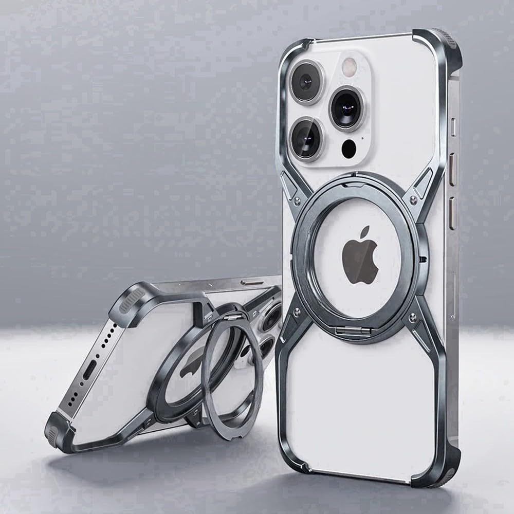 Magnetyczna metalowa aluminiowa obudowa bezramkowa na telefon iPhone 14 13 15 Pro Max ze stojakiem 360°, szara, tylko obudowa, na iPhone 14 Pro
