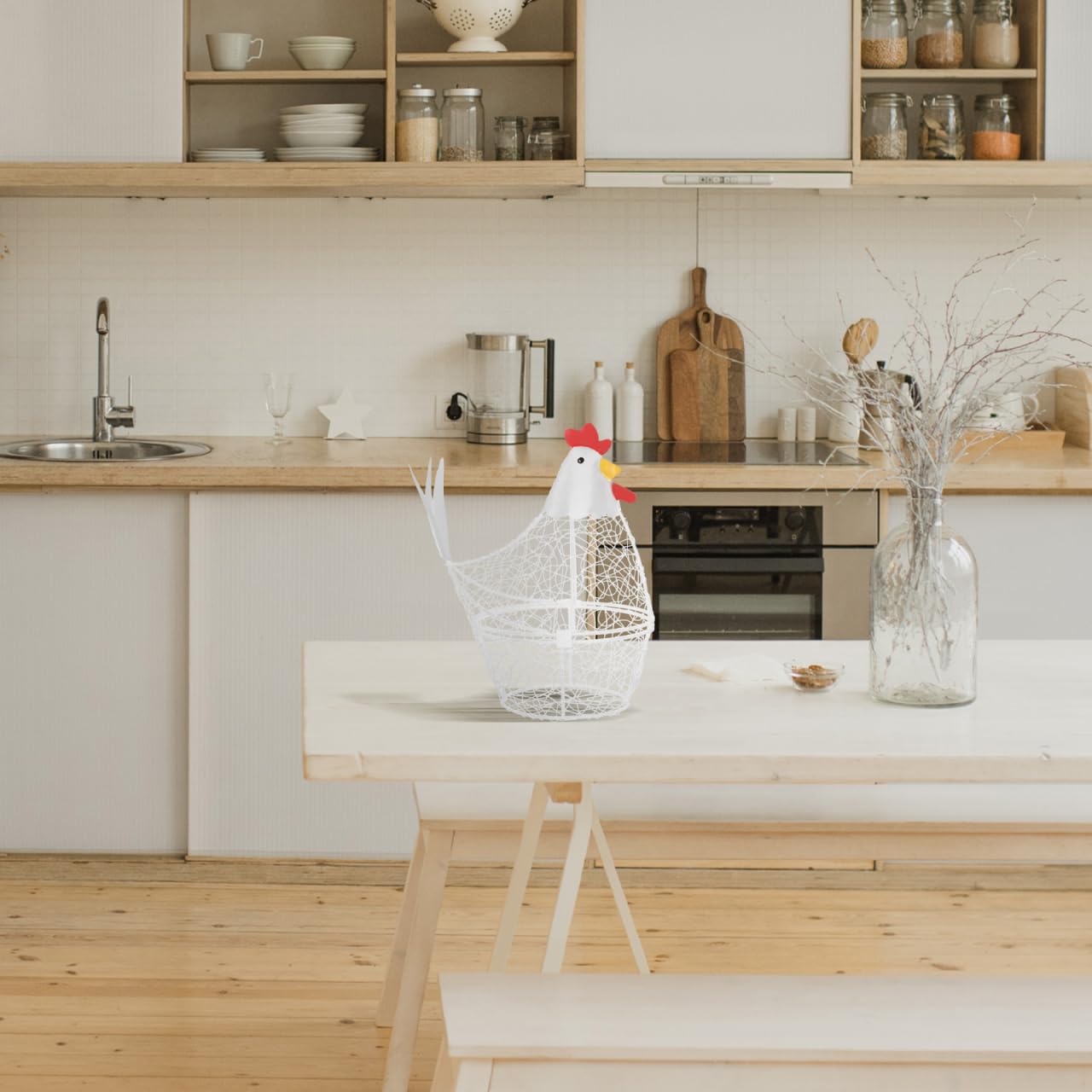 Hemobllo Panier à Œufs en Métal Blanc - Corbeille Forme de Poule pour Rangement Oeuf Frais - Porte-Œufs Décoratif pour Cuisine Style Campagne Chic - Support Distributeur Grande Capacité (26x25cm)