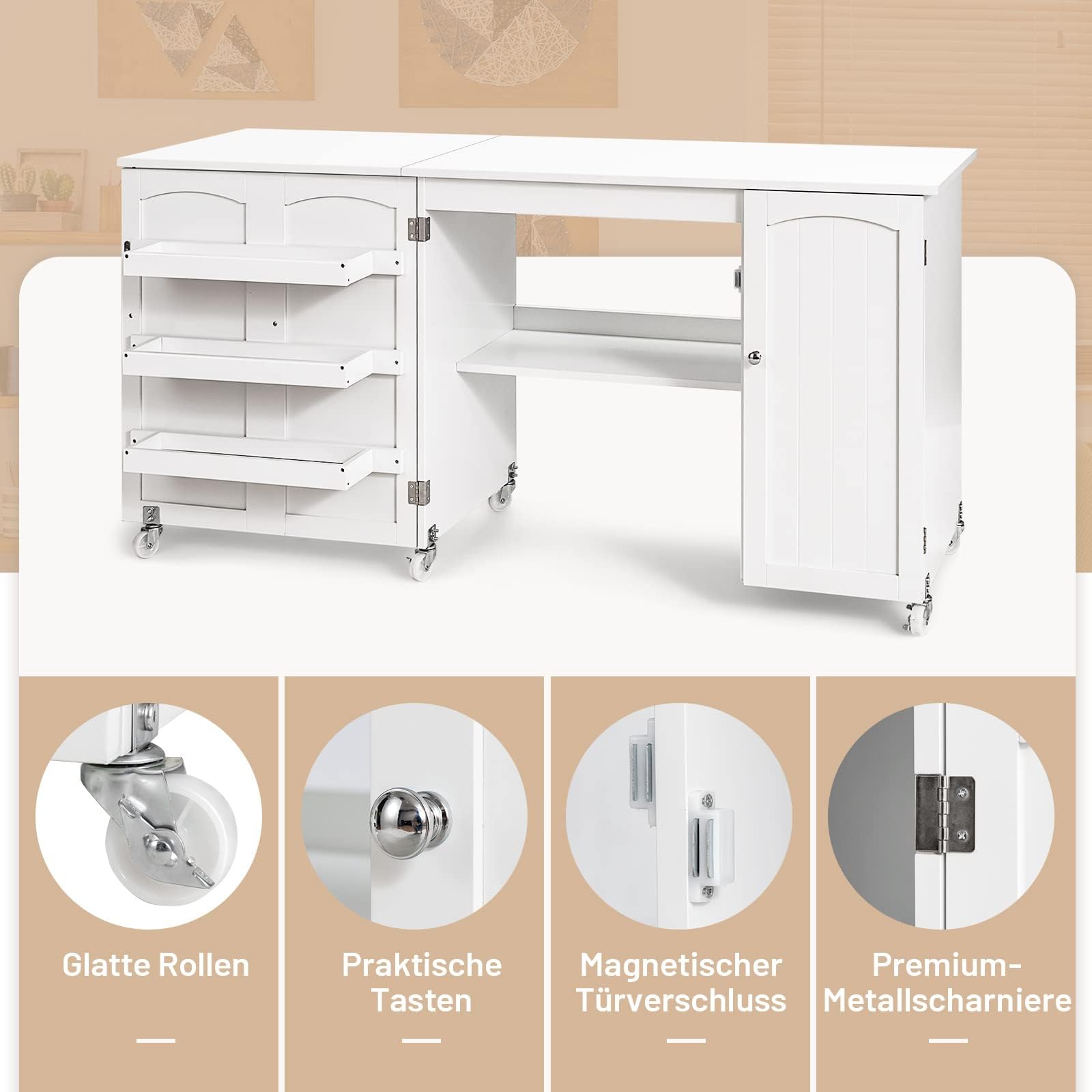 COSTWAY 2 in 1 Nähtisch Nähschrank klappbar, Nähmaschinentisch mit Arbeitsplatte, Ablagen & Türschrank, Mobiler Schreibtisch mit abschließbaren Rollen, Basteltisch Nähmöbel, 158x50x75cm (Weiß)