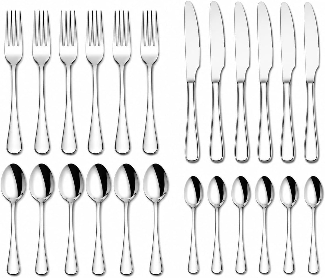 Mariyab 24 Pieces Cutlery Set, Stainless Steel Basic Flatware Cutlery Silverware for Home/Office/Party/Camping, Knife Fork Spoon Eating Utensils Set Service for 6, Mirror Polish