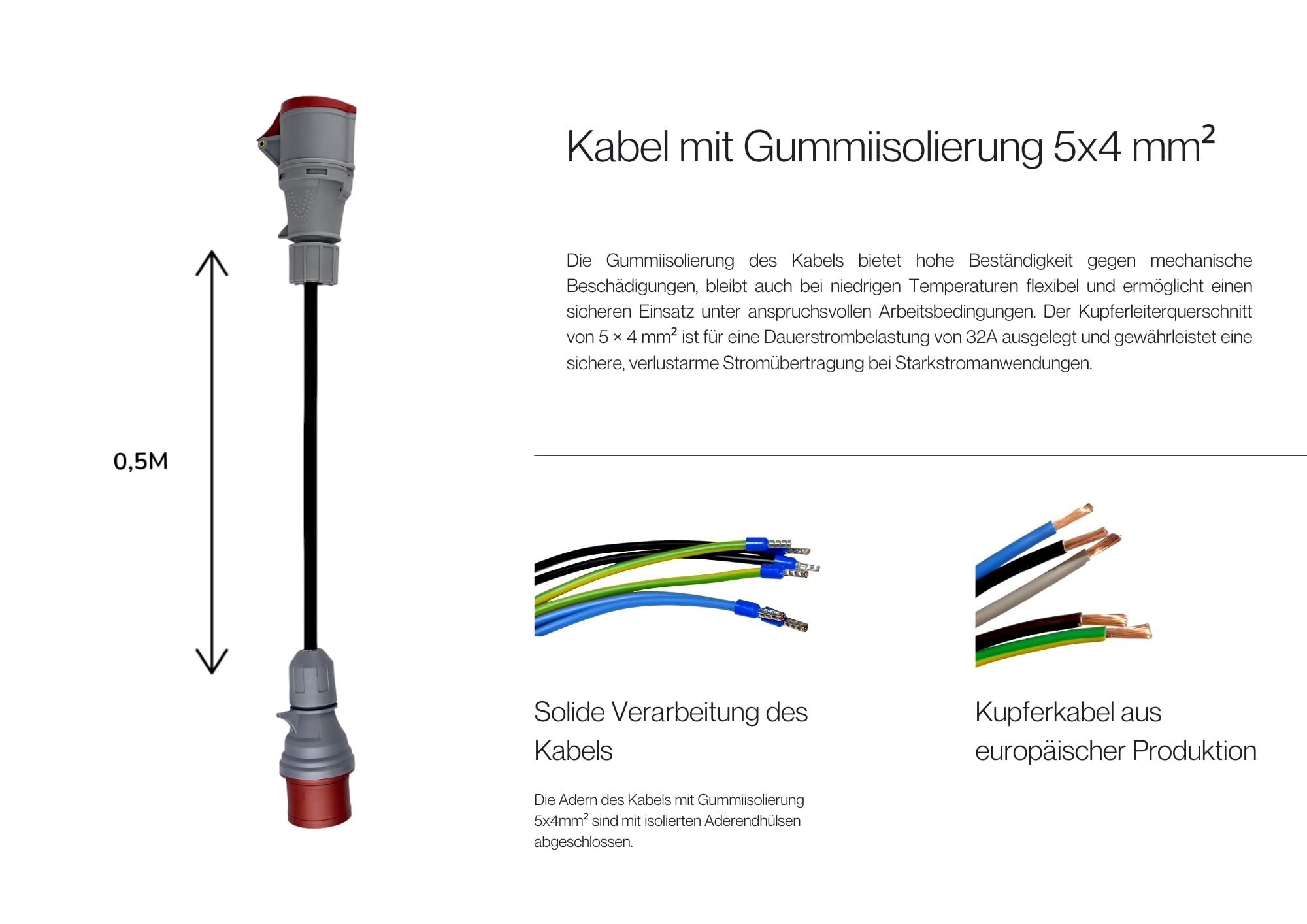 RoadEu - CEE Adapter 32A auf 32A mit Phasenwender – Starkstrom Verlängerung 32A Stecker auf Kupplung – 0,5m Gummikabel 5x4mm² – Industrie & Baustelle – IP44