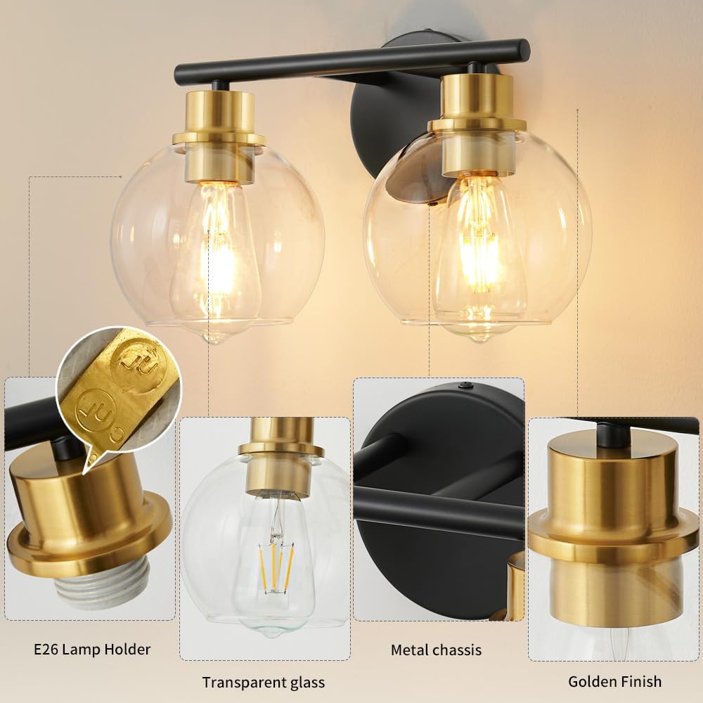 2-Light Bathroom Light Fixtures Black and Gold Vanity Light 13.8 inch Bathroom Lights Over Mirror with Clear Glass Globe Shade, Vanity Lights for Bathroom Kitchen Living Room