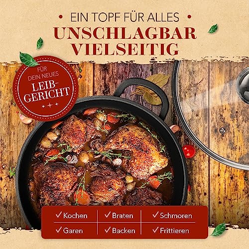 Foto von KRUSTENZAUBER 28cm Aluguss Bräter mit Deckel backofengeeignet [inkl. Glasdeckel] - 6L Aluminium Schmortopf & Bratpfanne - Idealer Bräter Induktion, Schmorpfanne, Bratentopf, Gussbräter, Kasserolle
