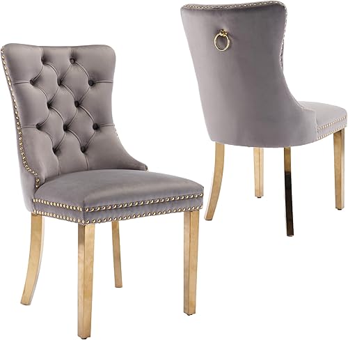 Rhomtree Sillas de comedor contemporáneas con botones capitoné tapizados de terciopelo de alta gama con respaldo de cabeza de clavo y moldura de