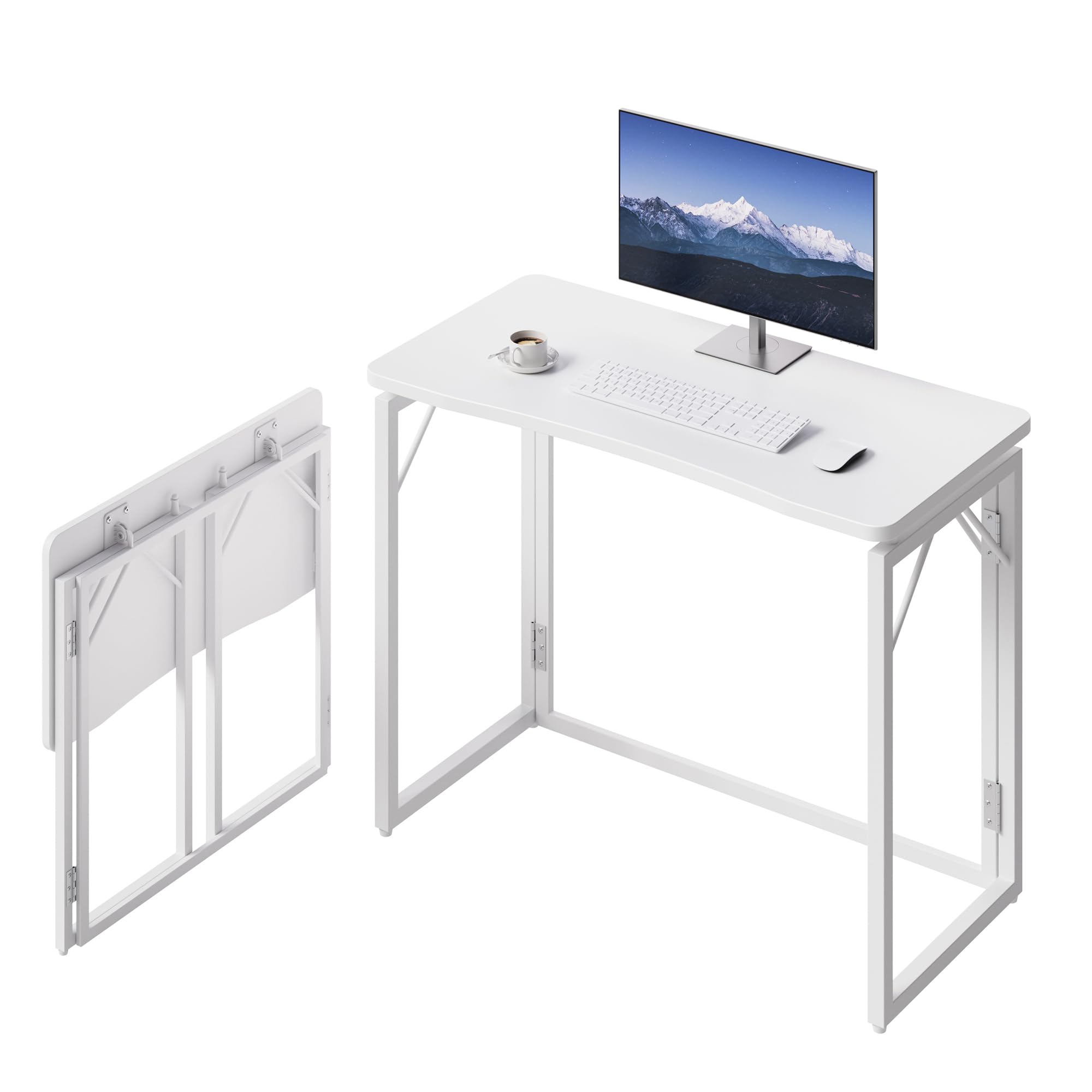 JOYMOOP White Folding Desk - 80 x 40 cm, No Assembly Small Foldable Desk for Home, Office, Wooden Top Folding Computer Desk for Working, Writing, Studying