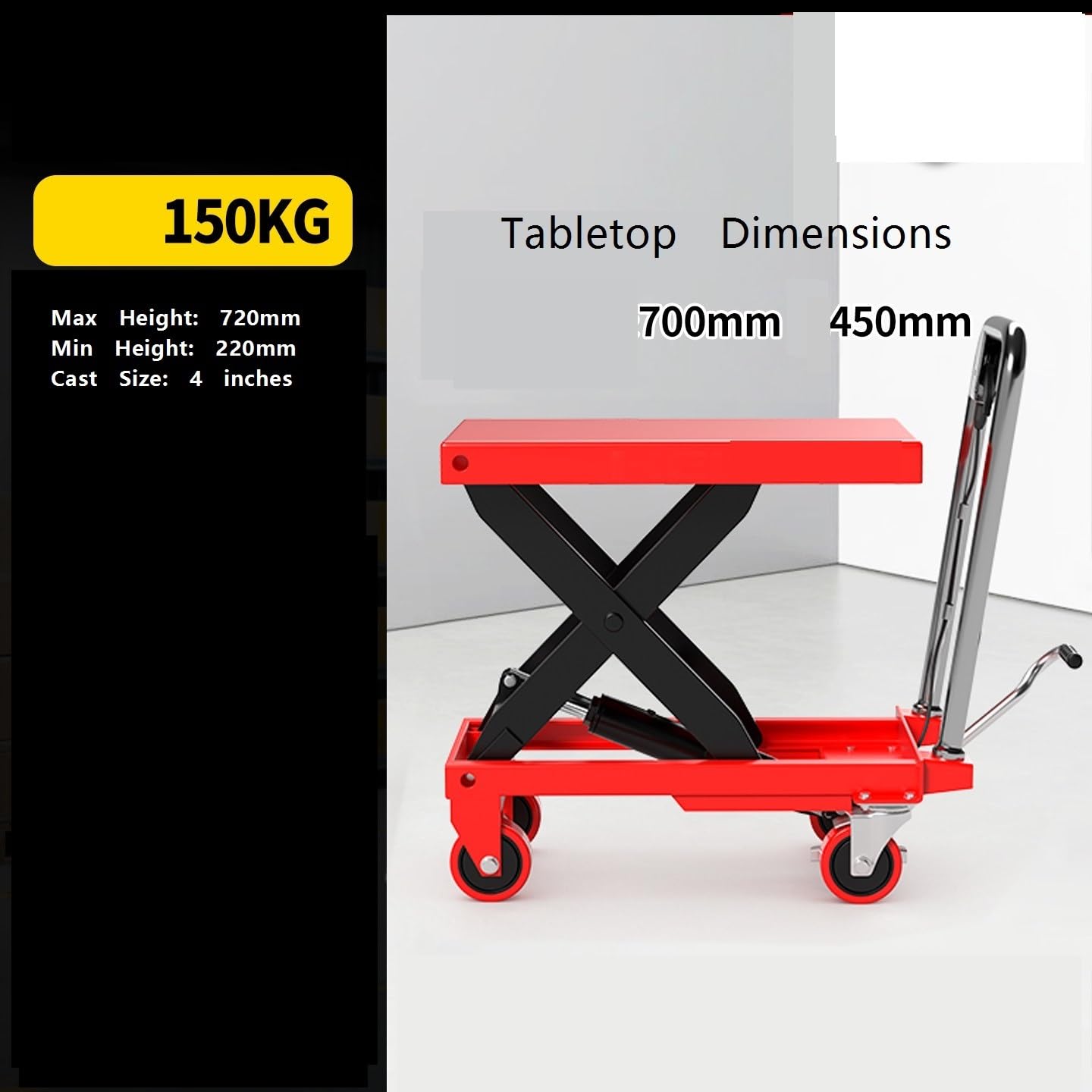 Hydrauliczny wózek widłowy z 4 kółkami do przenoszenia i transportu materiałów, czerwony (150 kg)
