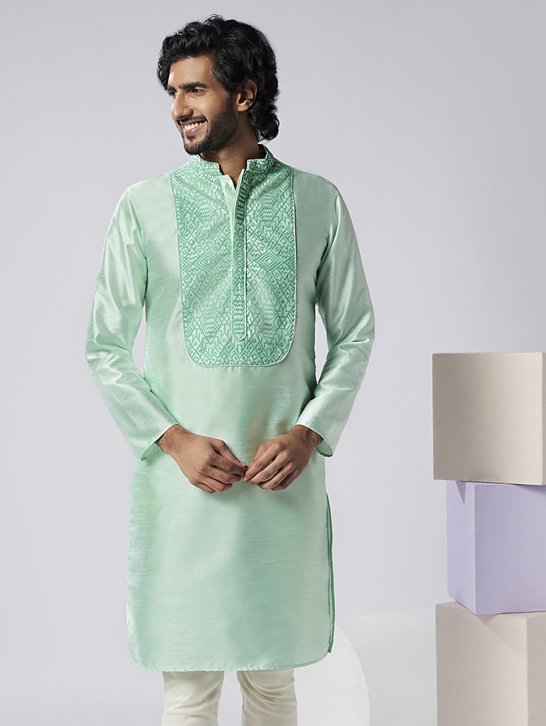Kisah Men's Kurta, Sea Green Art Silk, Embroidered Long Sleeves Mandarin Collar Regular Fit (L)
