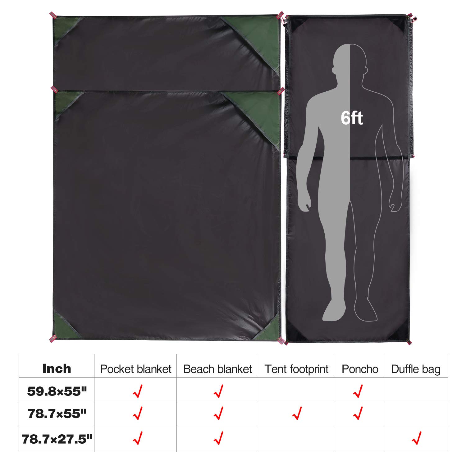 REDCAMP Ultralight Tent Footprint, 87”x55-95” PU 2000 Waterproof Camping tarp with Drawstring Carrying Bag for Ground Camping Hiking (29"x78" Muti Blanket)