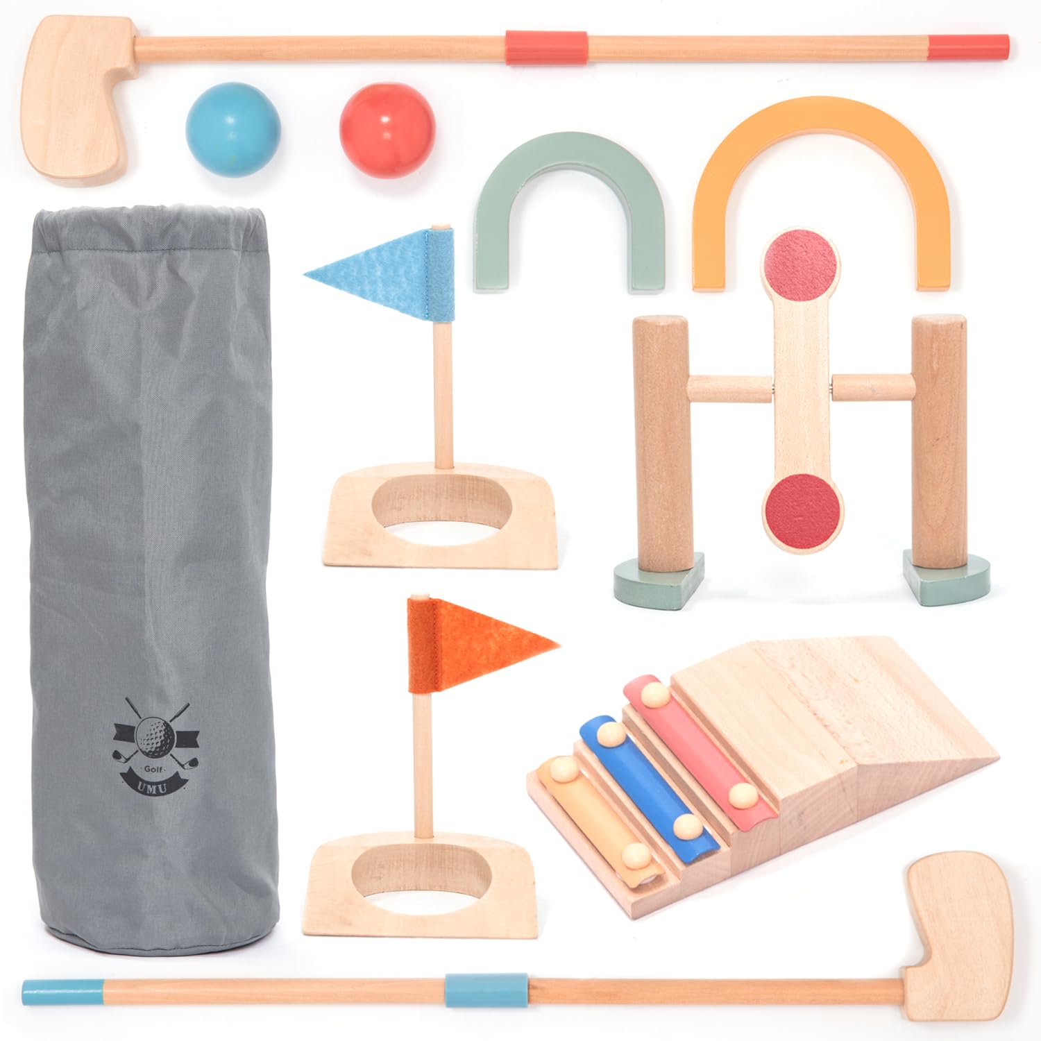 umu® Wooden Mini Golf Set for Kids, 6 Obstacles, Indoor & Outdoor Golf Toy with Balls and Clubs