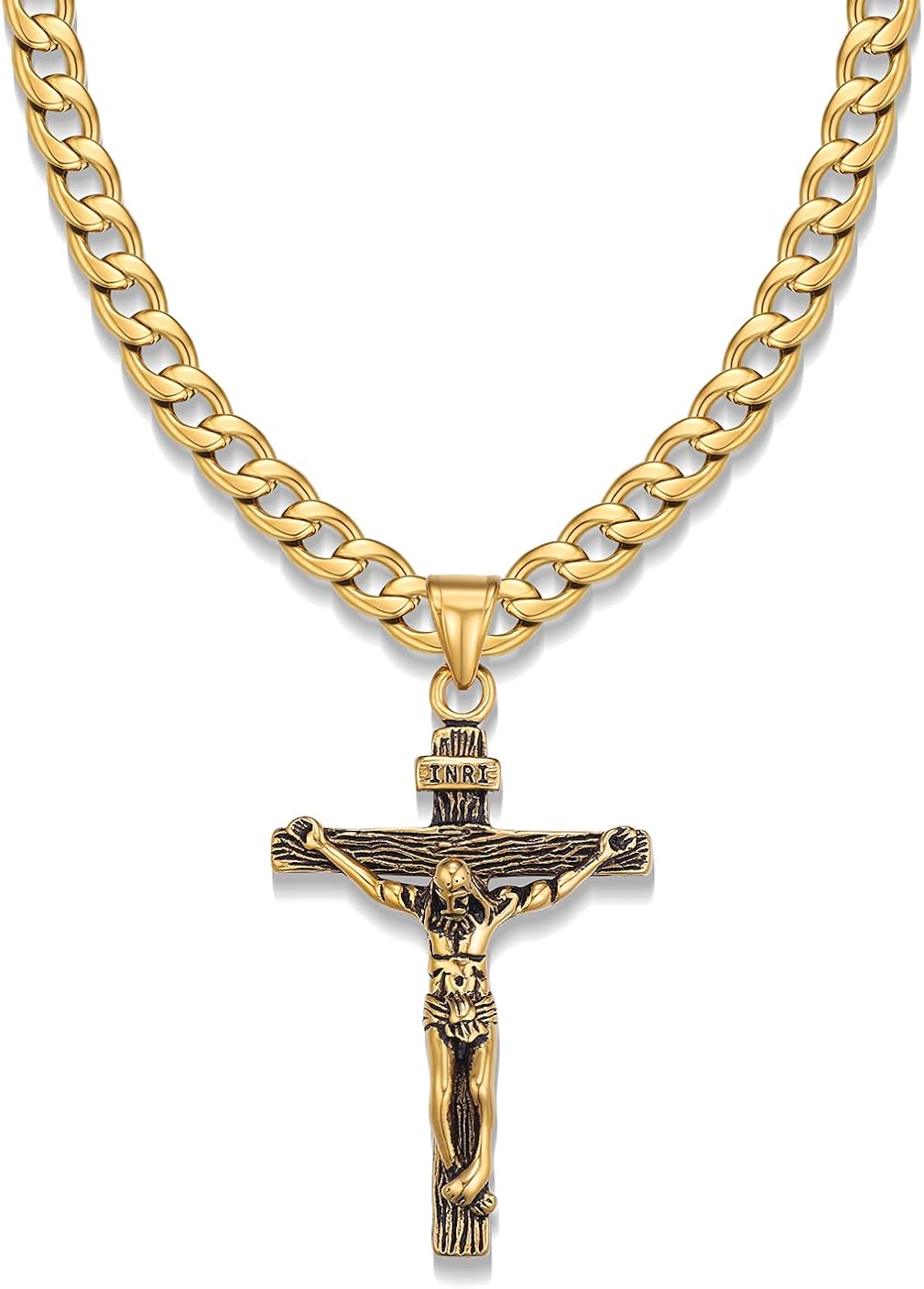 Jewow Stainless Steel Men's Jesus Christ Cross Pendant Necklace with 7mm Wide Cuban Chain, Gold/Black, 4.9cm (H) x 60cm (L)