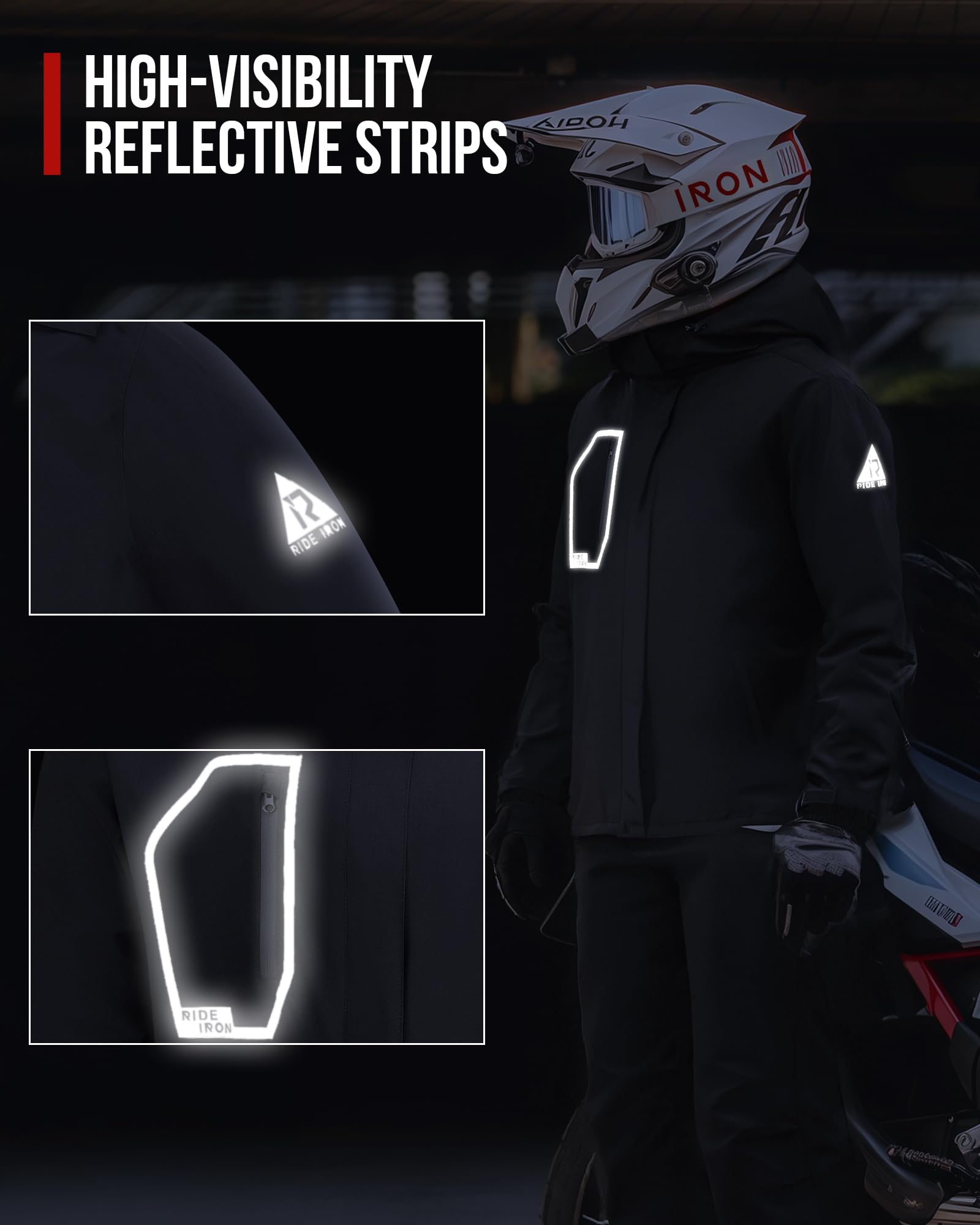 RIDEIRON Motorrad Regenkombi Herren 2-Teiler – Wasserdichte Motorrad Regenbekleidung 15000mm mit Reflektoren, Abnehmbarer Kapuze