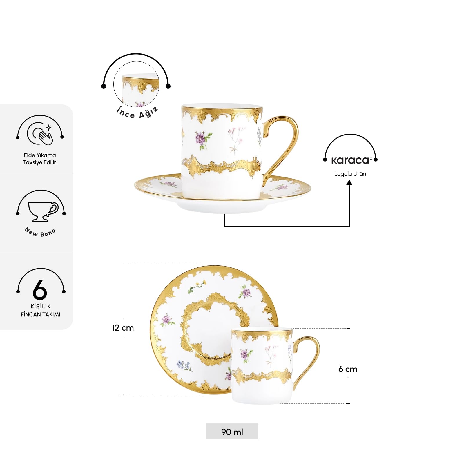KARACA Kaffeetassenset Bihter 12 teilig für 6 Personen Mehrfarbig 90 ml, Espressotassen aus Knochenporzellan Goldverziert, Spülmaschinengeeignet