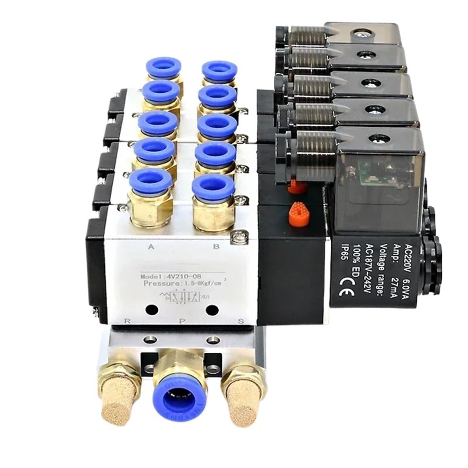 Bloque de electroválvula neumática multiusos 4V210-08 de 12/24 V CA y 110/220 V CA con silenciador y colector de base de 2/3/4/6 vías(2 Row 4mm fitting,DC24V)
