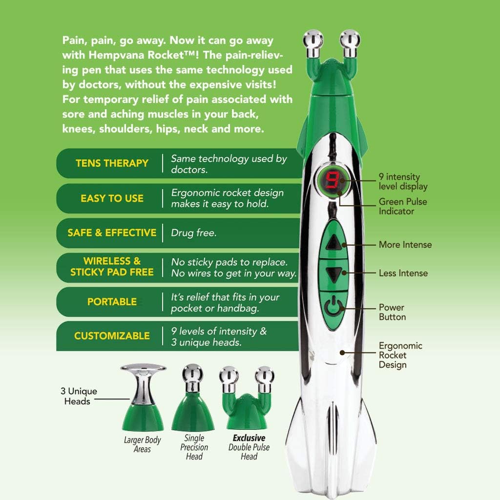 Hempvana Rocket Pain Relief Pen, As Seen On TV, Wireless TENS Therapy, Portable Muscle Stimulator - Same Technology Used by Doctors - Muscle Pain Relief -9 Adjustable Intensity Settings-3 Unique Heads