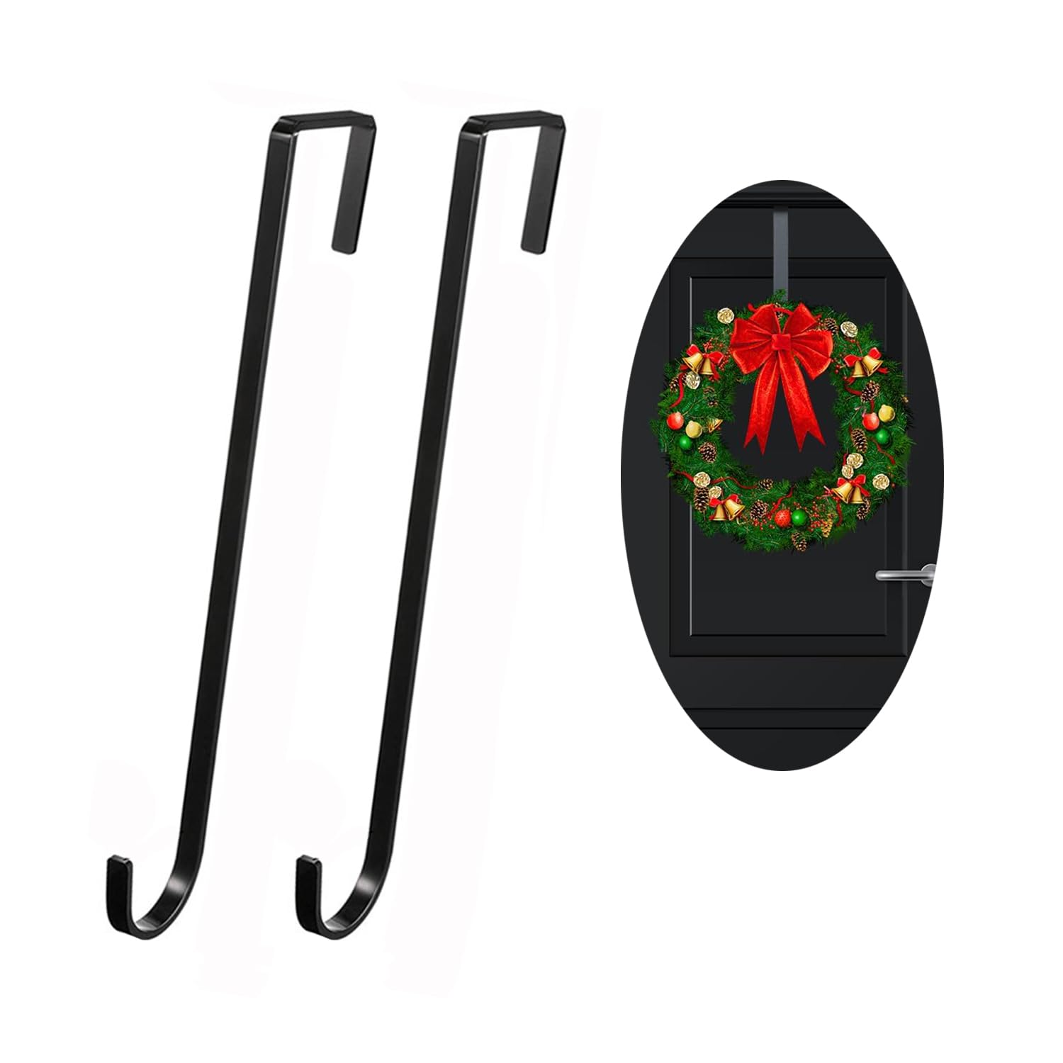 2 Ganci per Porte in Acciaio Inossidabile, Ghirlanda per porta, Ganci da 30 cm per ghirlande e Decorazioni per Porte - Ganci per Porte di Appartamenti Interne ed Esterne(Nero)