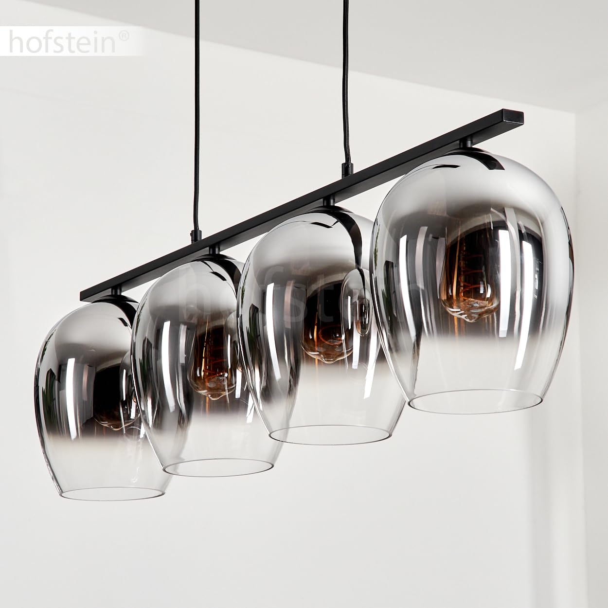 Pendelleuchte Vevino, Hängeleuchte aus Metall/Glas in Schwarz/Chromfarben/Klar, Leuchte im Vintage/Retro Design, Schirme aus Glas (Ø 20 cm), 4-flammig, Höhe max. 111,5 cm, 4 x E27, ohne Leuchtmittel