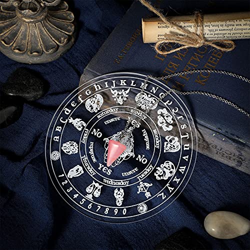 Acrylic Pendulum Board for Divination Acrylic Clear Divination Metaphysical Message Carven Pendulum Board Set with a Pink Crystal Dowsing Pendulum Necklace for Witchcraft Wiccan Altar Supplies