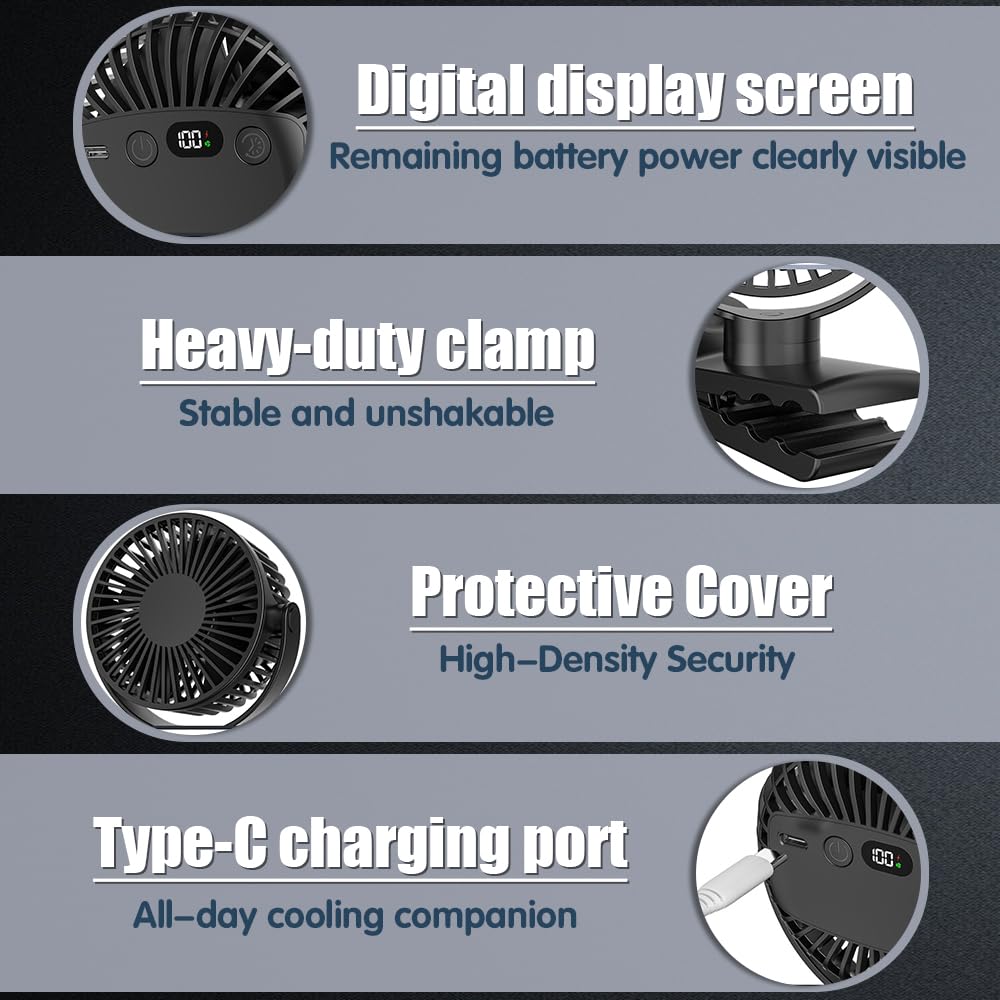 Ventilador de Mesa, 2000mAh Recargable Ventilador USB con Abrazadera Resistente, Ventilador Portátil de Clip con 5 Velocidades, Rotación de 720 Grados, para Oficina, Hogar, Acampar (Negro)