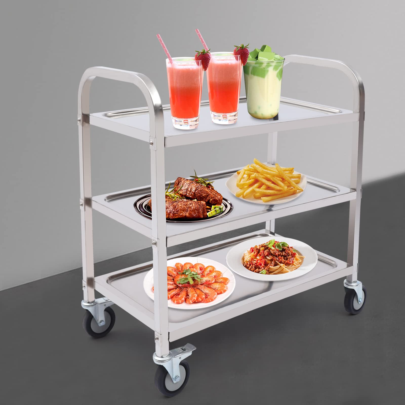 Carrello di servizio a 3 ripiani in acciaio inox, carrello da cucina, carrello per alimenti, carrello con freno, carrello per ristoranti, biblioteche, cucina, soggiorno, camera da letto, 85 x 45 x 90