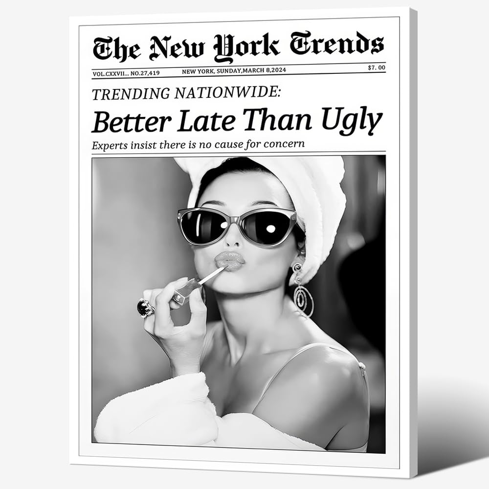 Ktsim Ah1-Framed Framed Better Late Than Ugly Wall Decor-Trendy Luxury Black And White Newspaper Poster For Preppy Girly Dorm Room Bedroom Decor-Funky Fashion Pictures Canvas Prints