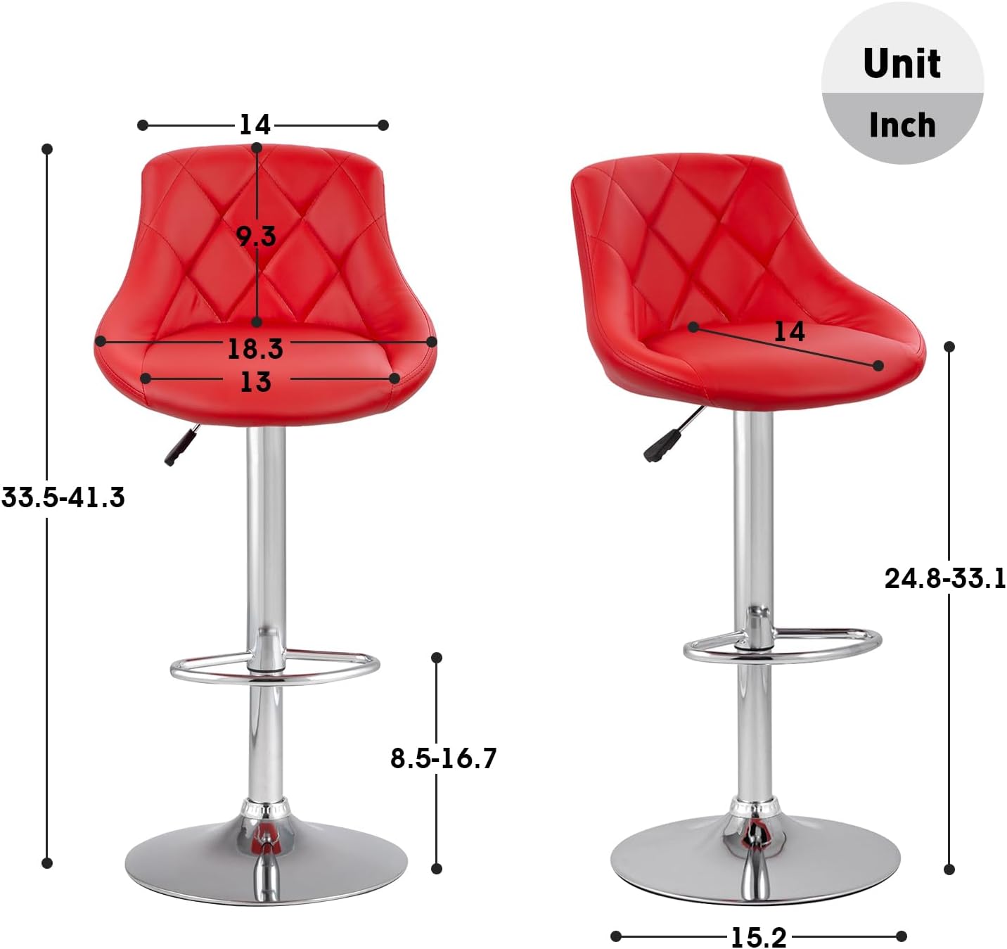 PayLessHere Bar Stools Set of 2,Modern PU Leather,Armless with Backrest Swivel Bar Stools,Red