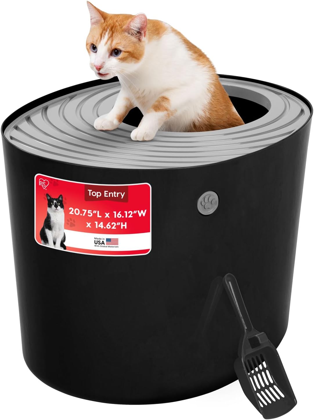 IRIS USA Large Top Entry Cat Litter Box Made in USA, Covered Enclosed Design with Lid, Litter Catching Grooved Top, Scatter Shield, Dog Proof, Scoop Included, Odor Control, Black/Gray