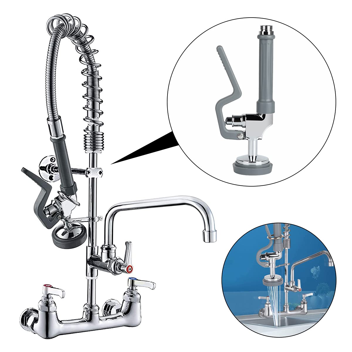 Gewerbe-Küchenspüle Ersatzteil-Set: Vorspül-Wasserhahn Mit Griffmontage, 1,28 GPM Hochdrucksprüharmatur (Grau, Messing)
