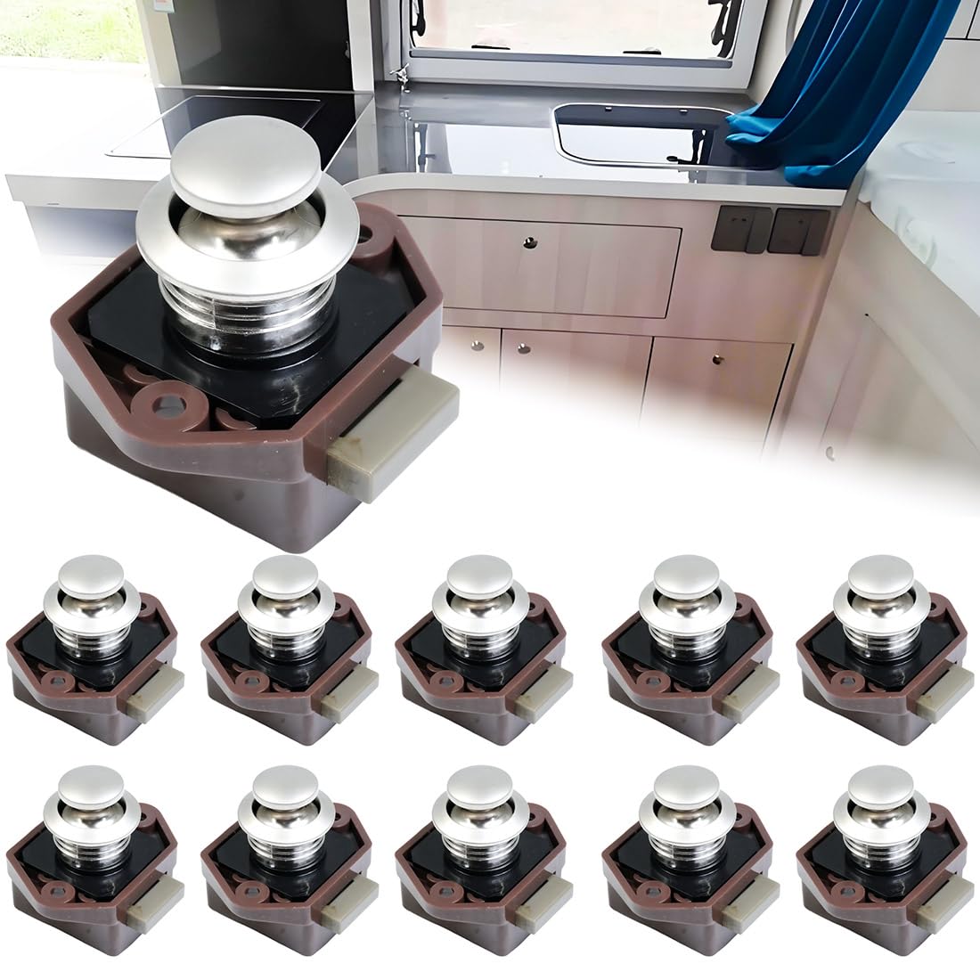 ciciment 10 Pack Push Button Latch Catch Keyless Cabinet Door Lock, Drawer and Cupboard Knob for RV, Caravan, Boat, Yacht, Campervan, Motorhome Furniture (Brown)